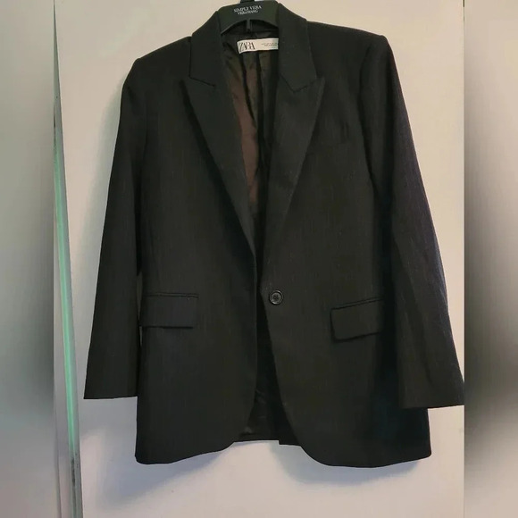 Zara Gingham Canvas Style Blazer Size Medium Pinstripes *pre-owned - Picture 3 of 5
